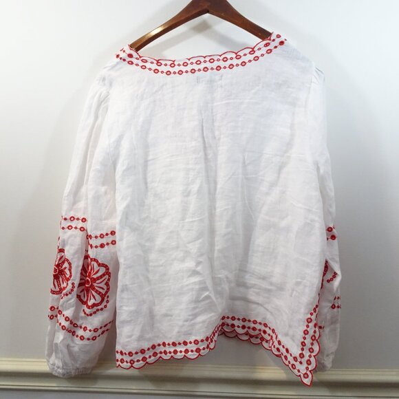 J. Crew Embroidered Tunic Linen Red White Size XL Boxy V-Neck Flowy Peasant - Picture 8 of 9